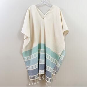 Tribe Alive Fringe Trim V-Neck Striped Cream/Blue Blanket Poncho